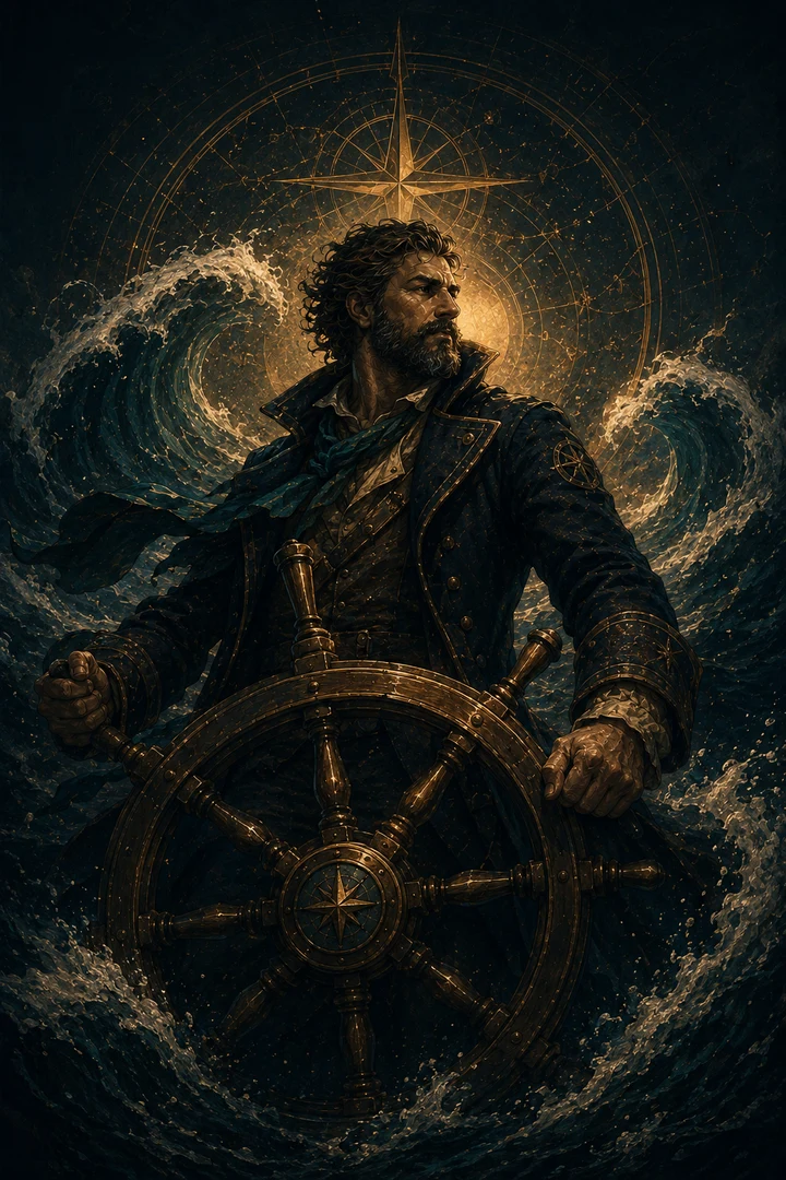 Helmsman archetype gripping a ship wheel amid curling waves and compass-lit night water