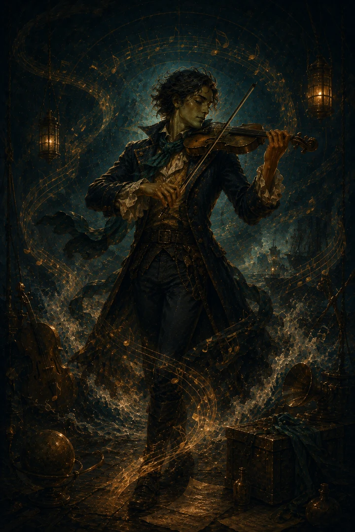 Musician archetype posed in a moonlit nautical performance scene with elegant dark-sea atmosphere
