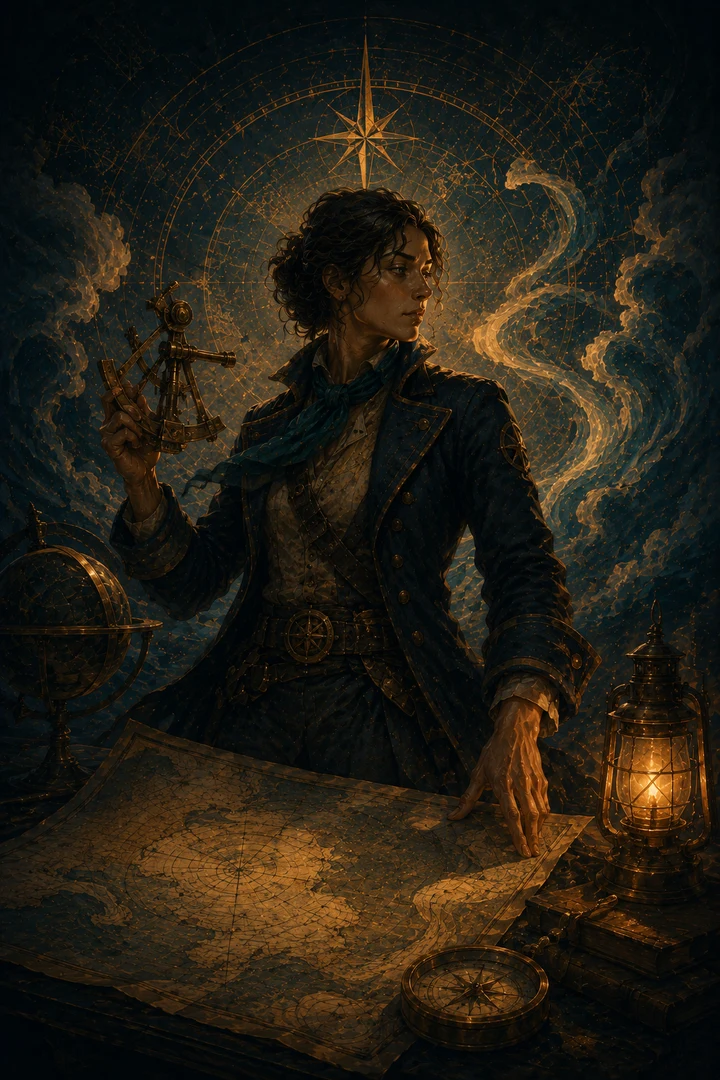 Navigator archetype surrounded by celestial charts and warm sea light
