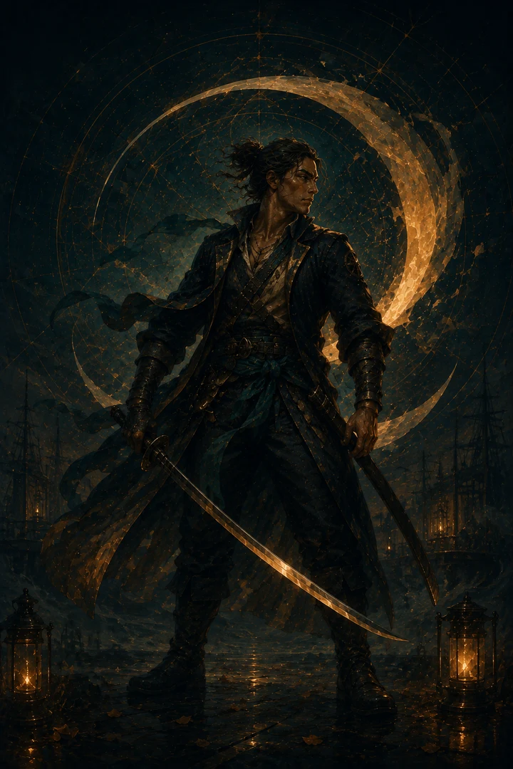 Swordsman archetype standing in a storm-lit seascape with disciplined blade-bearing posture